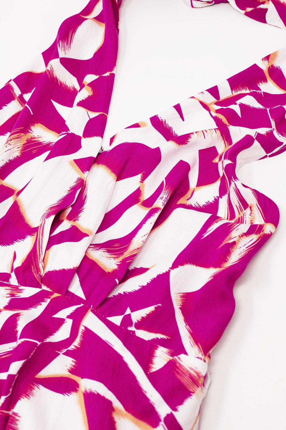 Halter Midi Dress with Cinched Waist In Abstract fuchsia and White Print - dress