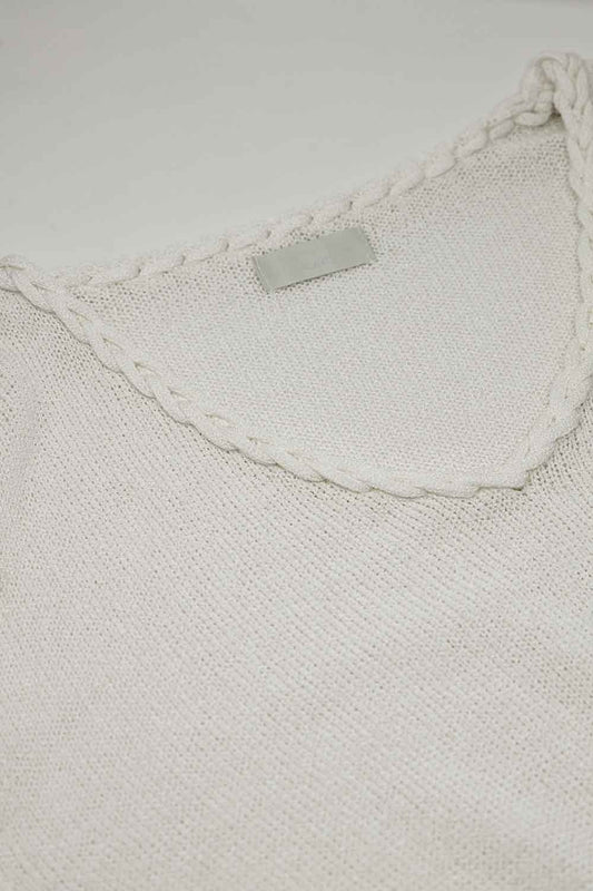 Wide V-neck cream Sweater With Braided Detail