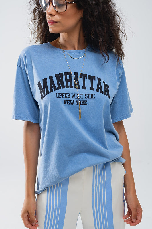 Blue relaxed T-shirt with manhattan text - top