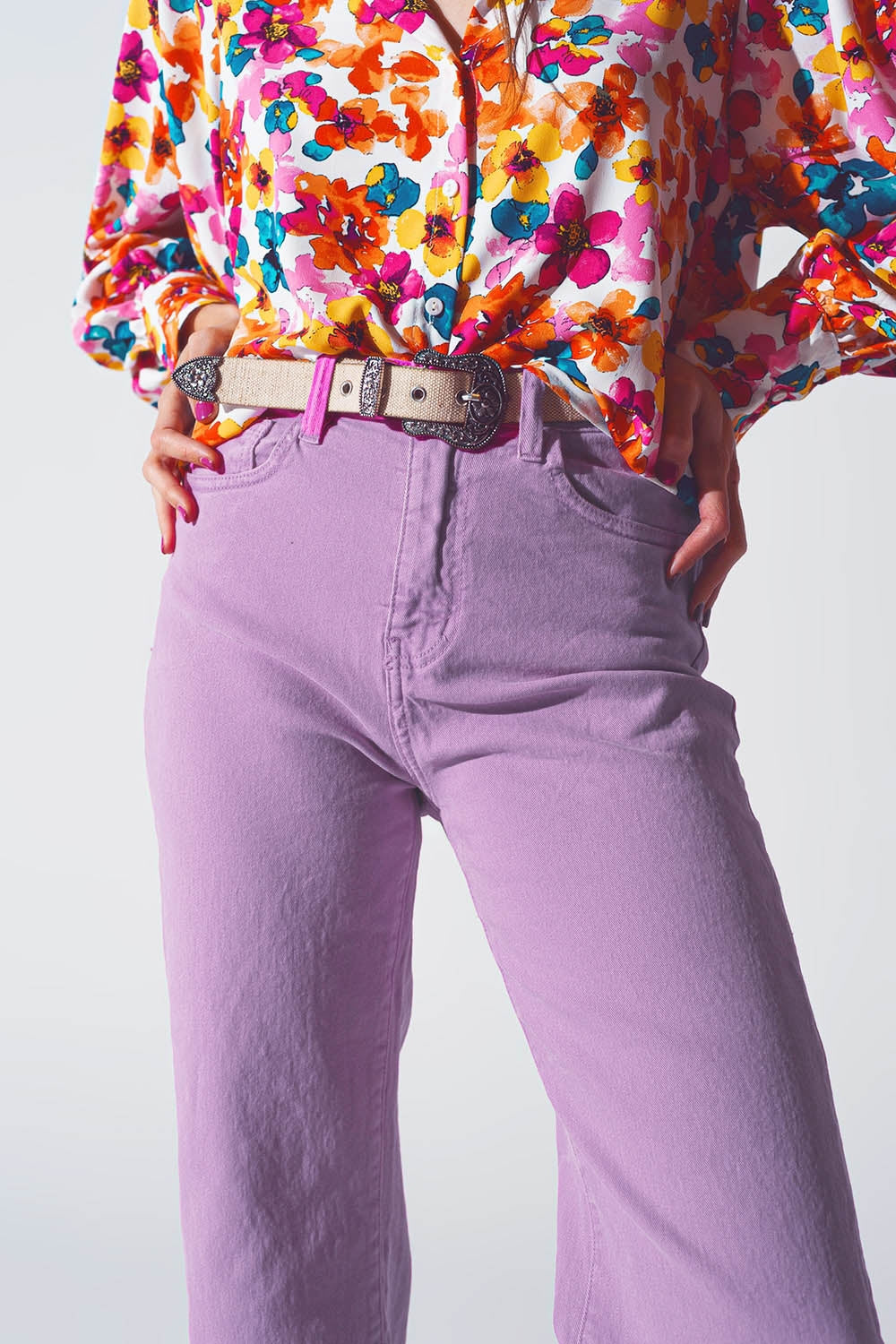 Straight Leg Jeans with Cropped Hem in Purple - Coloured Jeans