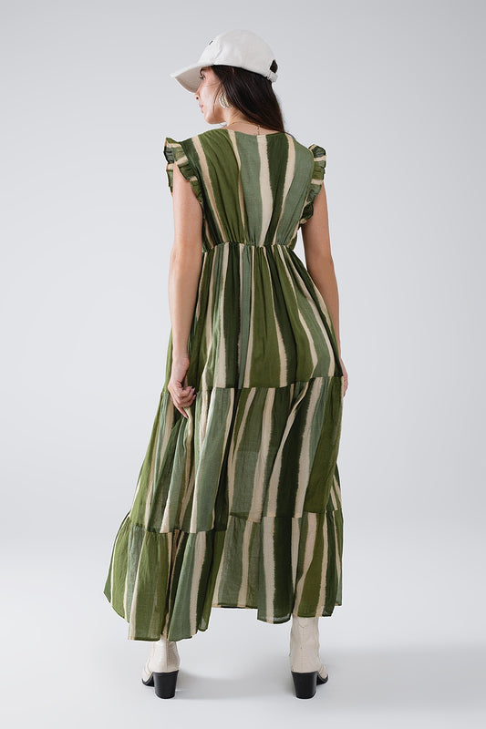 Maxi V-Neck Dress With Tiered Skirt In Striped Tie-dye Green - dress