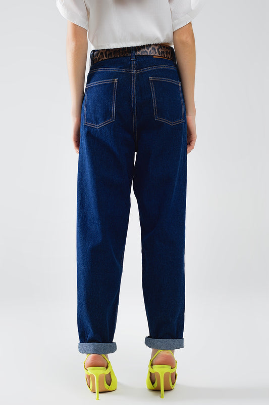 Raw Blue Mom Jeans With Pleated Detail - Denim