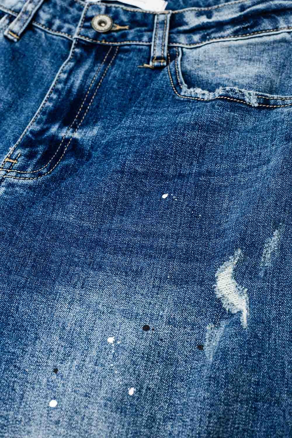 Straight Distressed Jeans With Paint Stains Details - Denim
