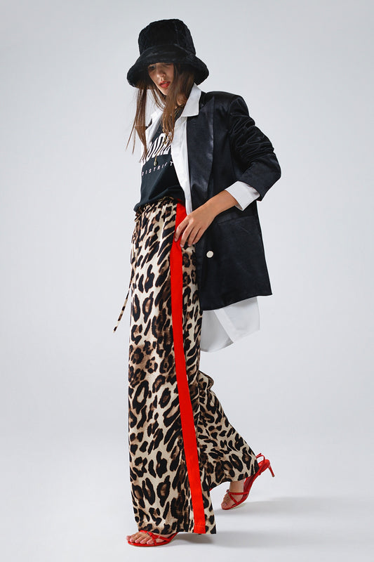 Leopard Straight Pants With Red Stripes Down The Sides - trousers