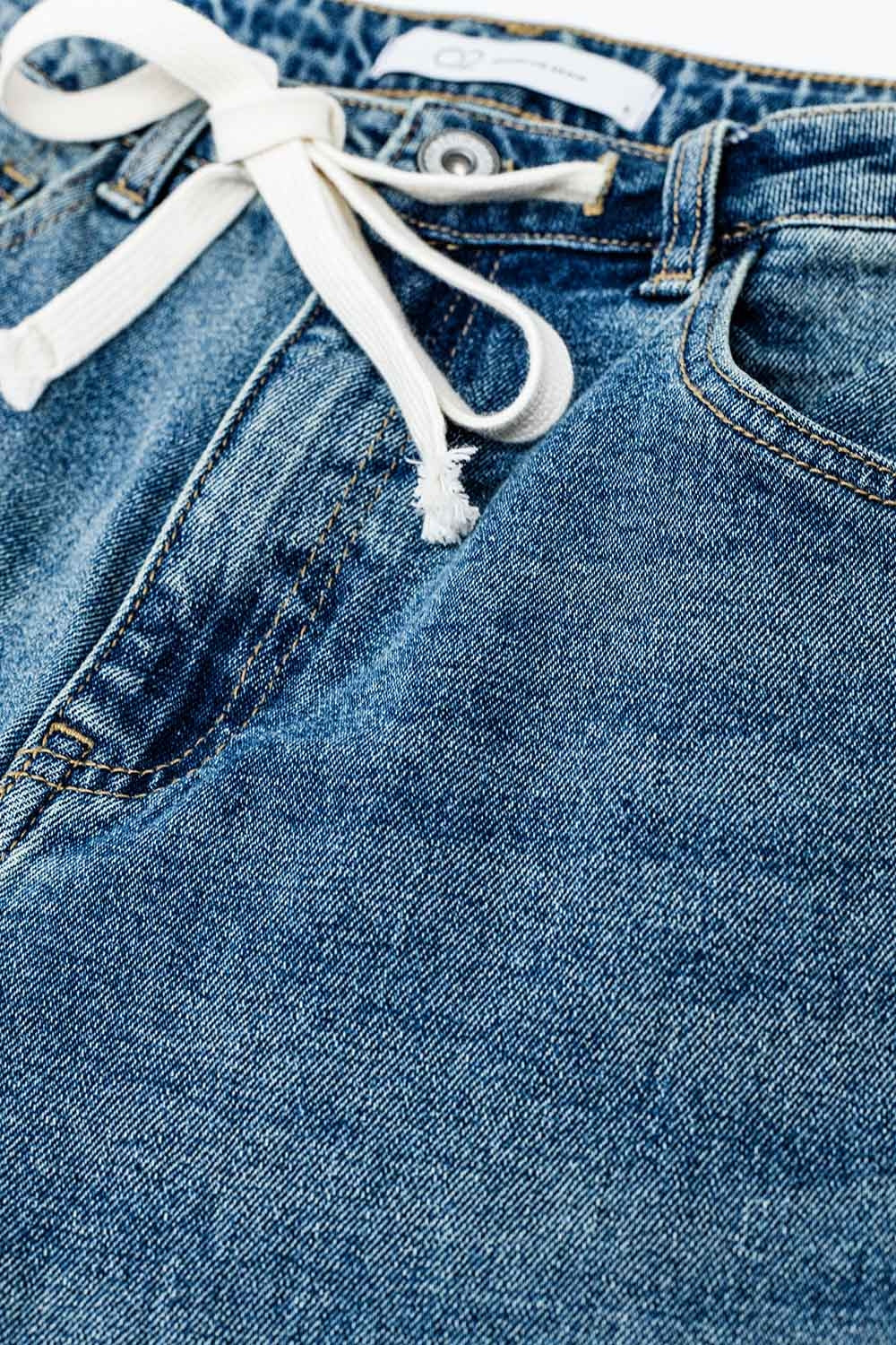Straight Blue Jean With Drawstring - Denim