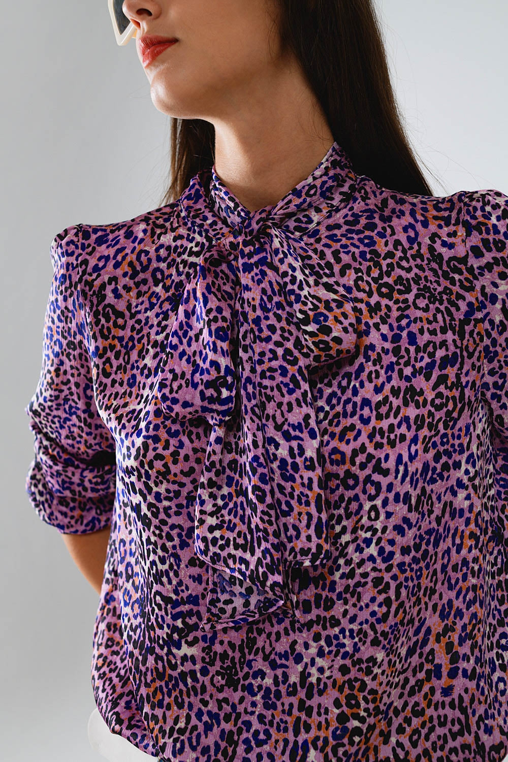 Tie At The Neck Animal Print Purple Blouse - Shirts
