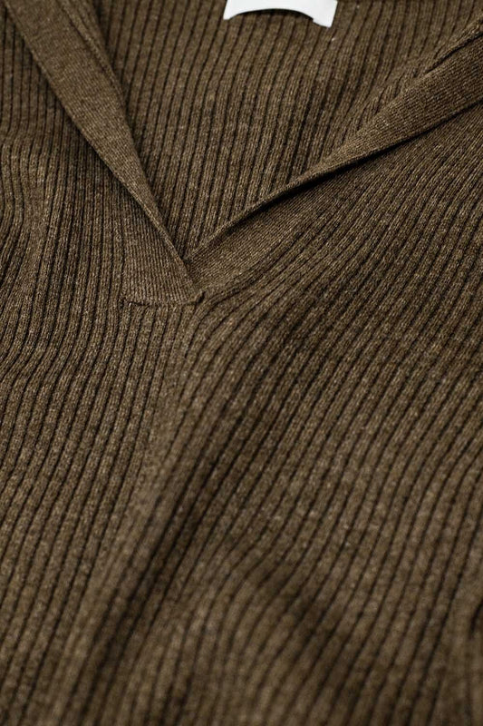Brown Collared Rib Top With Long Sleeves