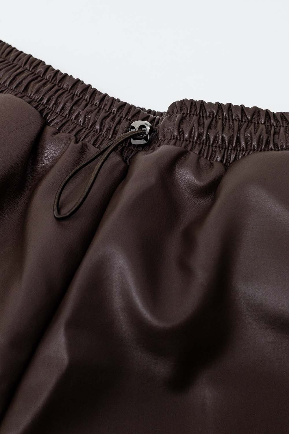 Brown faux leather shorts with gathering at the waist with drawstring - trousers