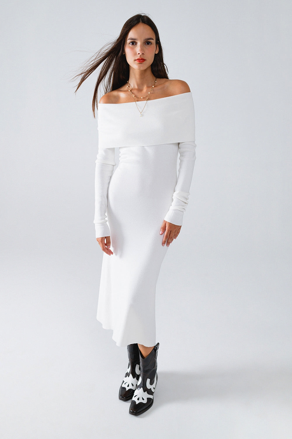 Maxi Knitted Foldover Badot Dress in white - dress, Dresses
