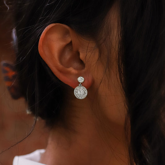 Aruna Sun Coin Drop Earrings | 925 Sterling Silver - Earrings