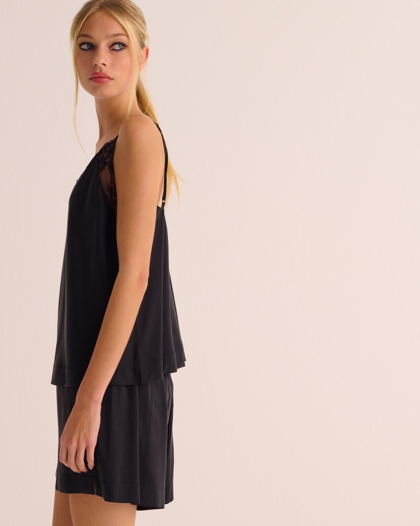 Black Washable Organic Stretch Silk & Lace Camisole -