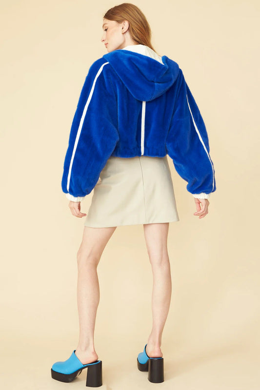 Blue - White Faux Shearling Reversible Hooded Jacket - Jackets & Blazers