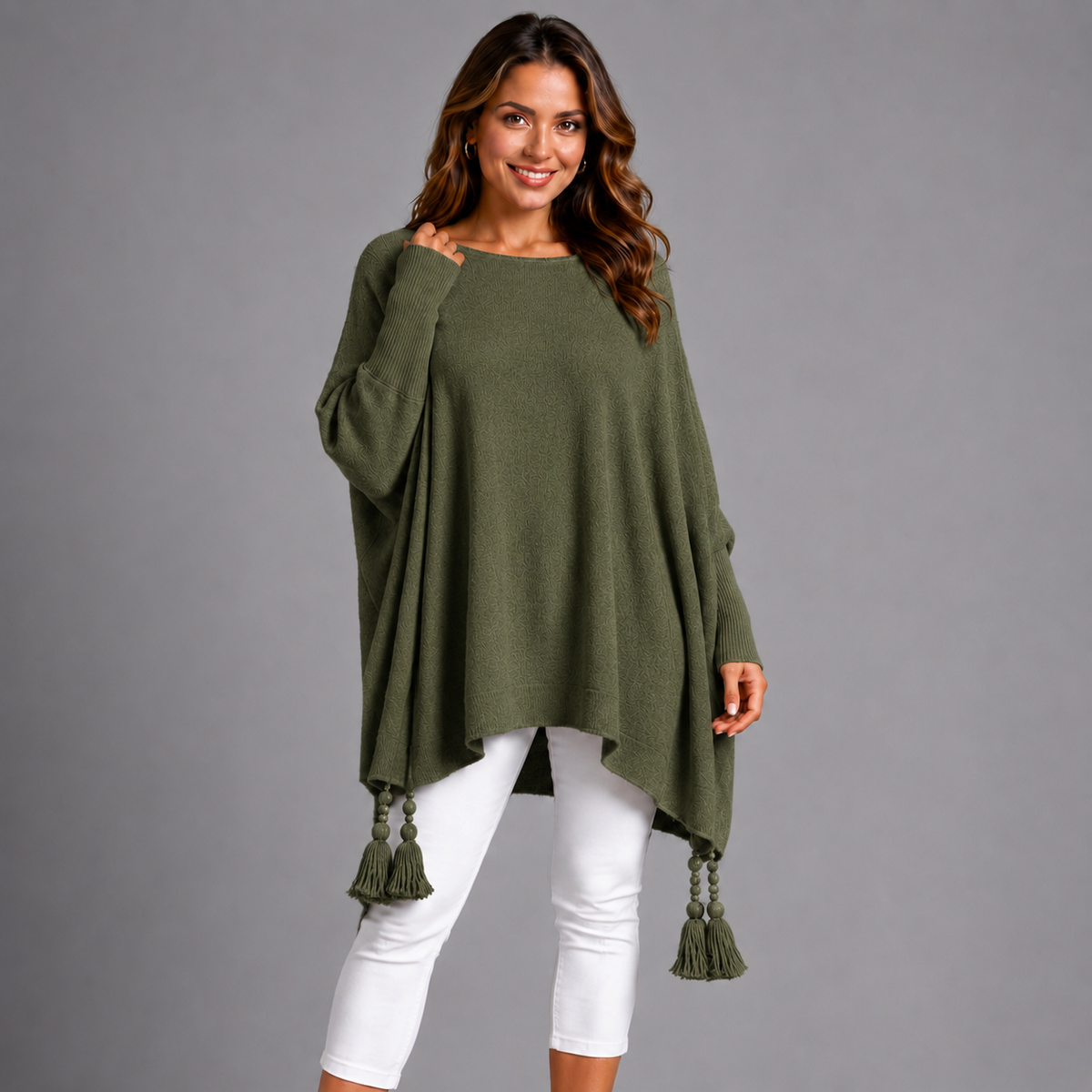 Slash Neck Oversized Jumper with Tassel Detail KHAKI ONE SIZE - Jumper