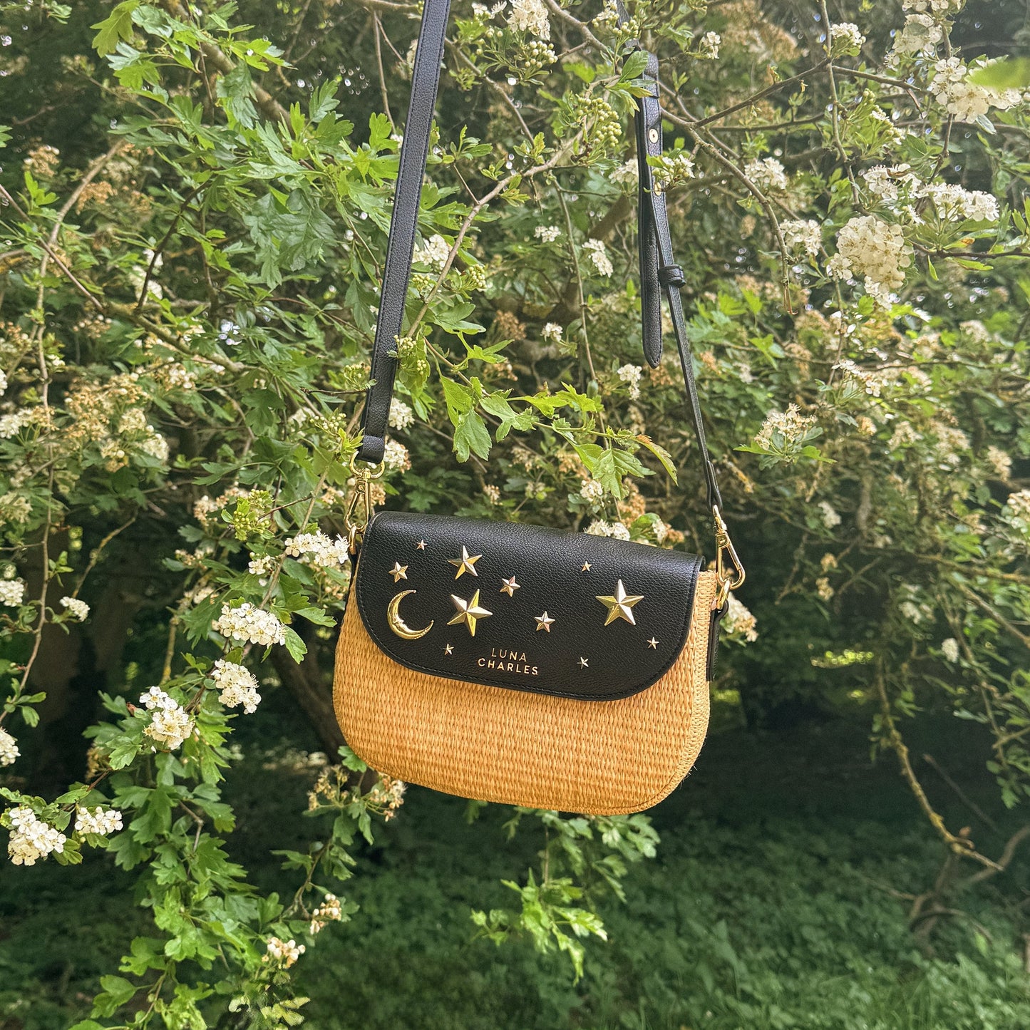 Elena Star Studded Rattan Handbag - Black & Gold - Bags