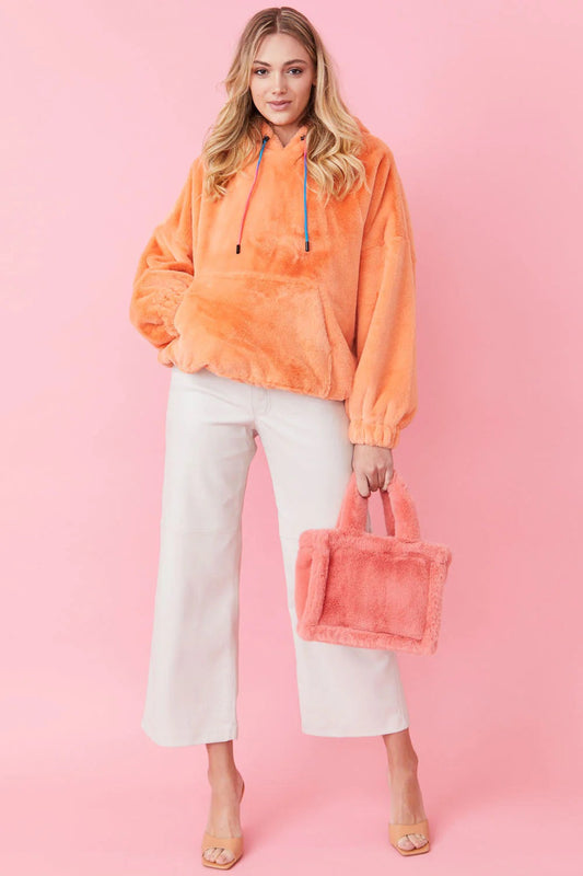 Faux Fur Oversized Orange Hoodie - Tops