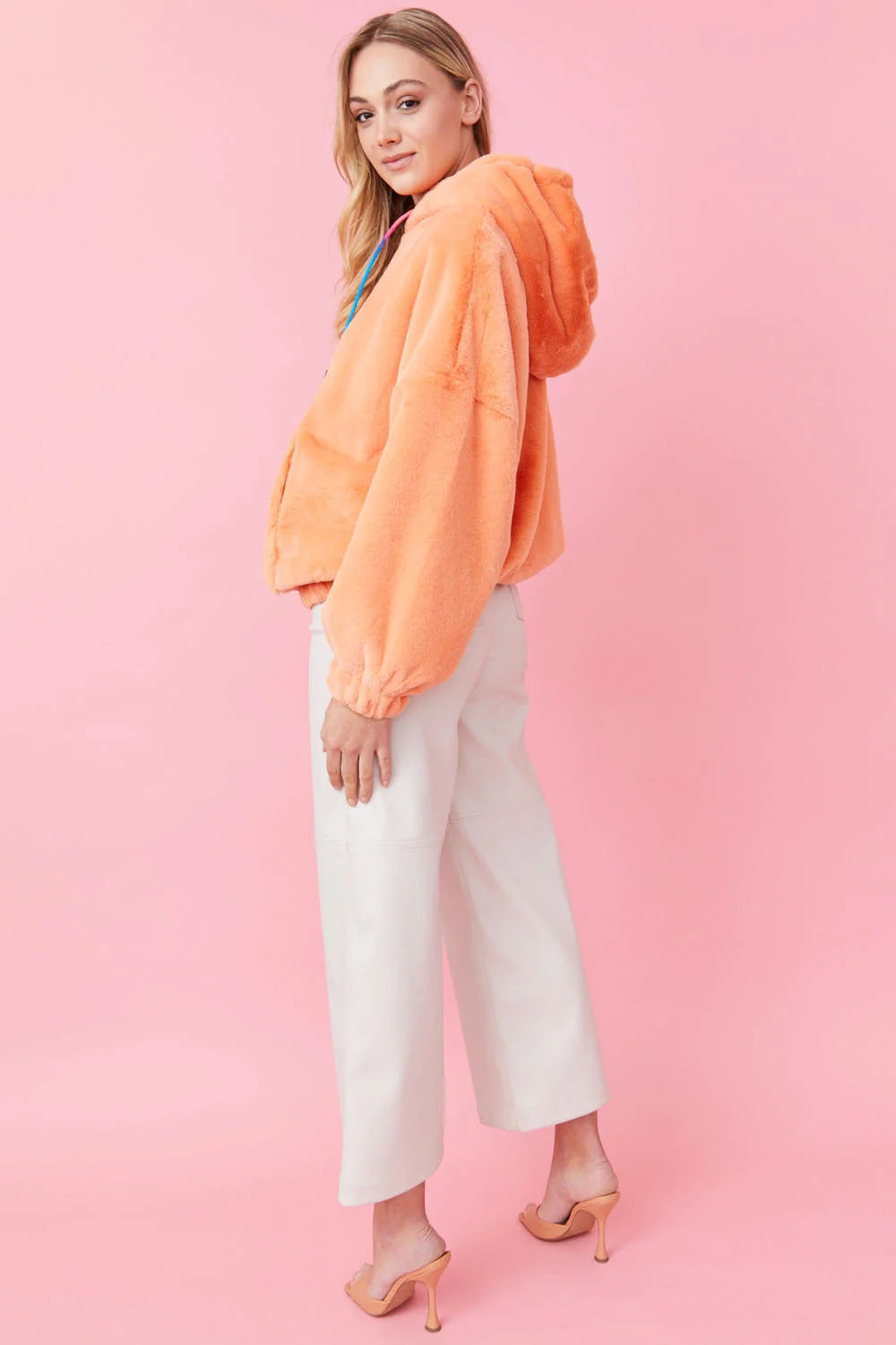 Faux Fur Oversized Orange Hoodie - Tops