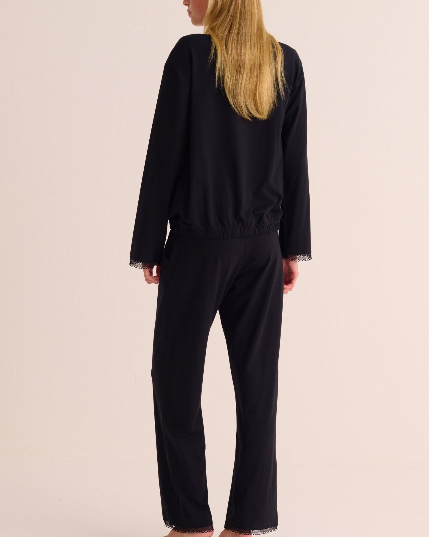 Black Modal Pyjama Set with Lace Trim - Loungewear