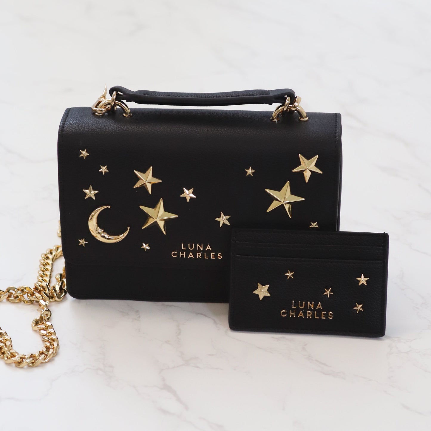Tala Star Studded Card Holder - Black & Gold - Purse