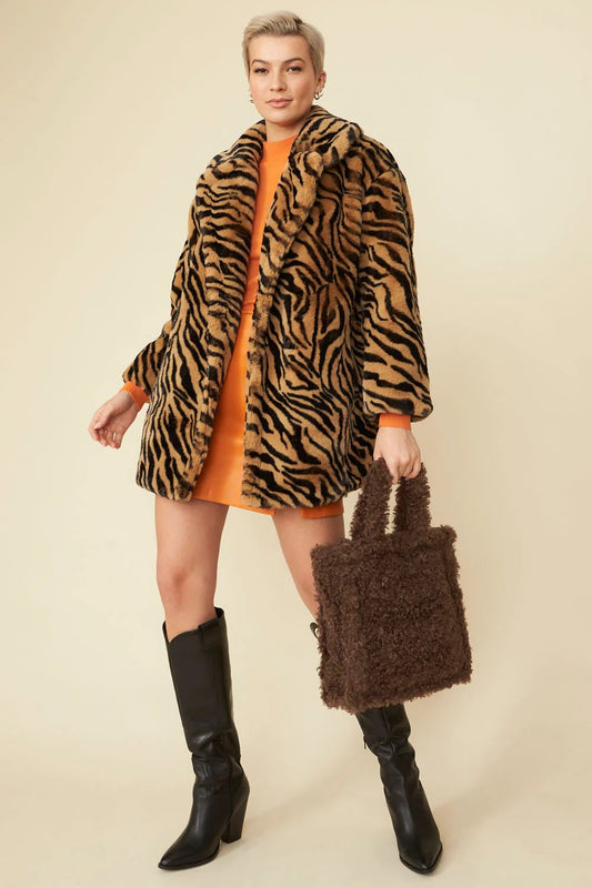 Tiger Print Mocha Faux Fur Midi Coat - Faux Fur Coats