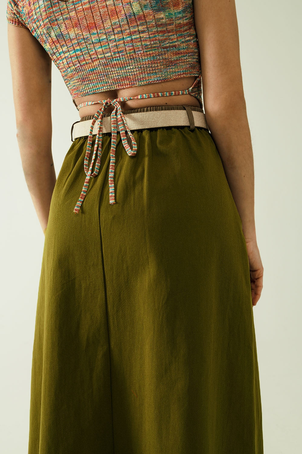 A line Midi Khaki Skirt With Pockets in Khaki - Skirts
