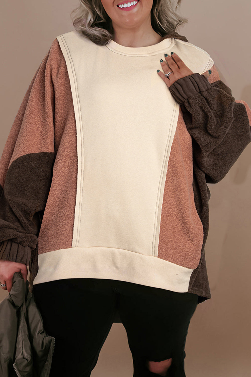 Brown Exposed Seam Colorblock Plus Size Hoodie - Plus Size/Plus Size Sweatshirts & Hoodies