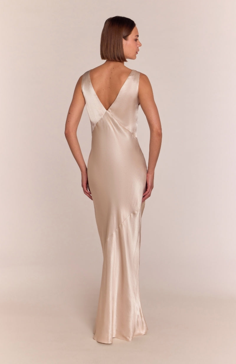 Amelia Elegant Style Dress in Champagne Satin - Dresses