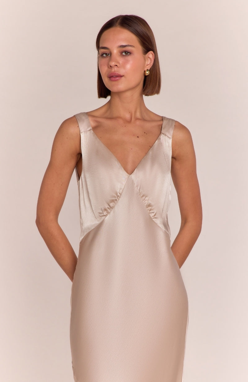 Amelia Elegant Style Dress in Champagne Satin - Dresses