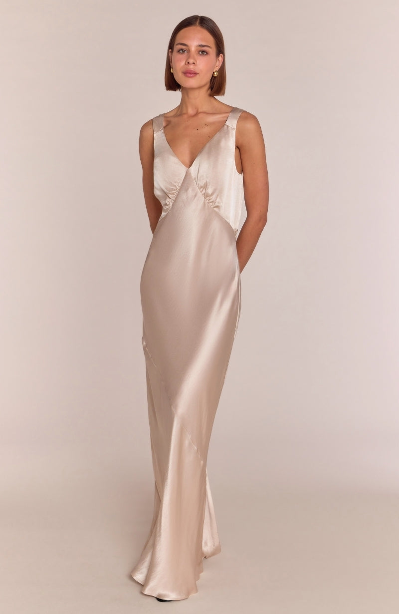 Amelia Elegant Style Dress in Champagne Satin - Dresses
