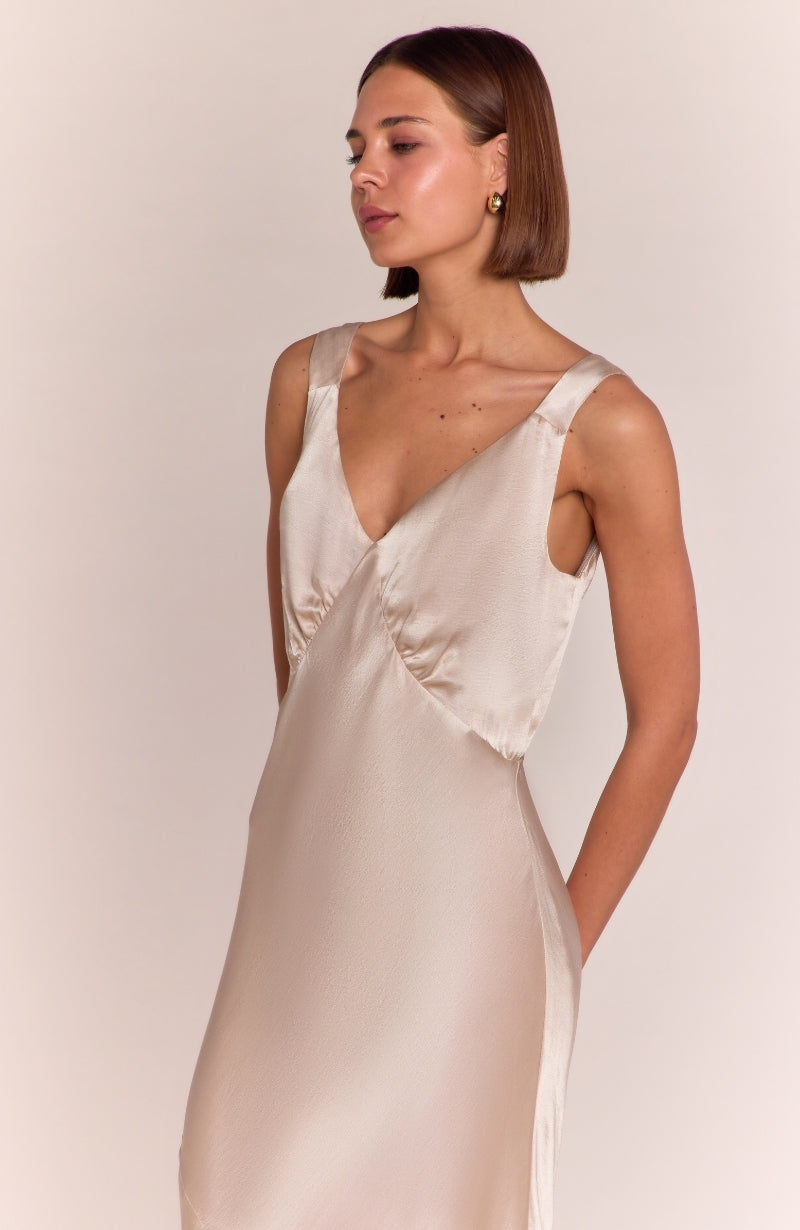 Amelia Elegant Style Dress in Champagne Satin - Dresses