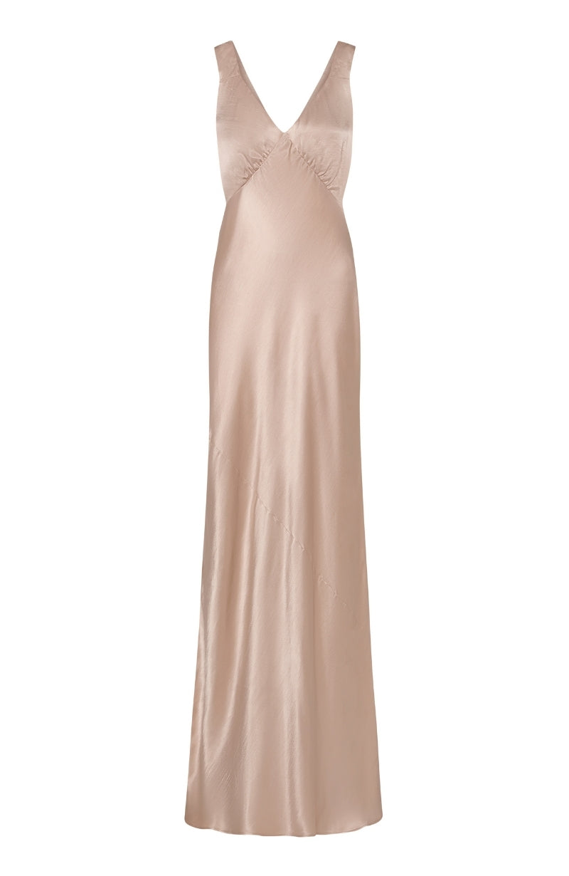 Amelia Elegant Style Dress in Champagne Satin - Dresses