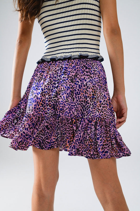Animal Print Purple Mini Skirt With Ruffle - Skirts