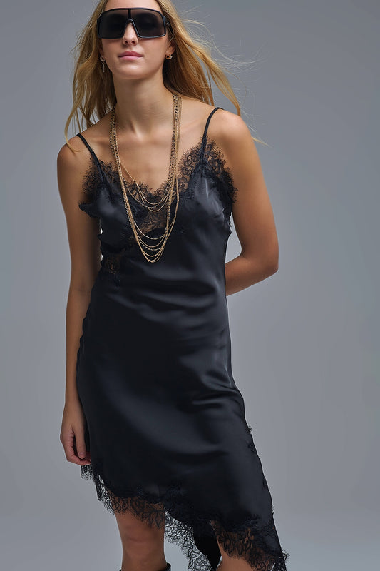 Asymetrical Satin Lace Dress in black - Dresses