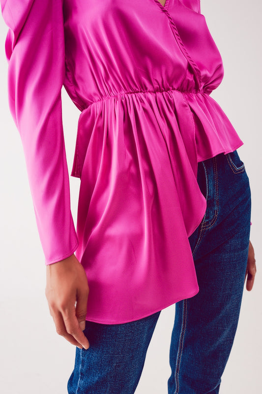 Asymmetric puff sleeve blouse in fuchsia - Shirts