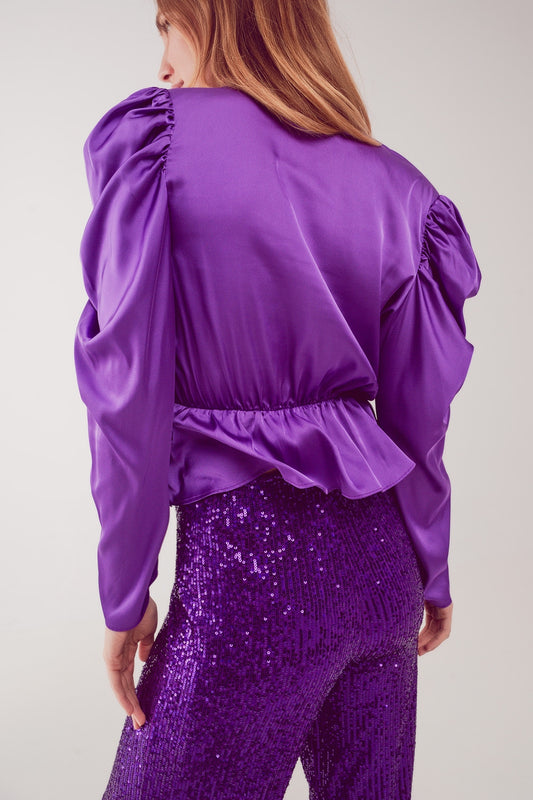 Asymmetric puff sleeve blouse in purple - Blouses