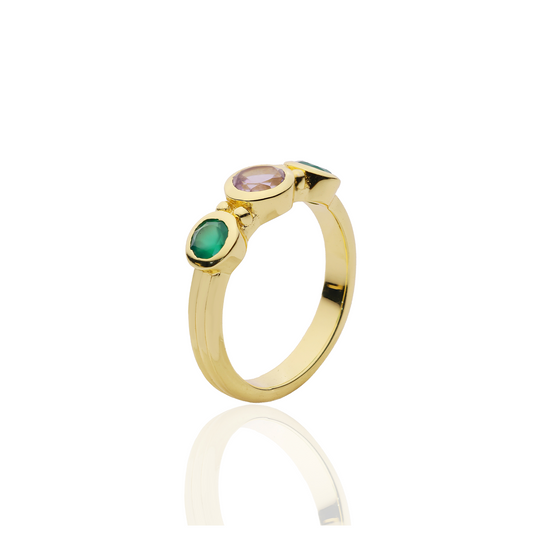 Iris Three Gemstones Ring Green Onyx & Amethyst - Rings