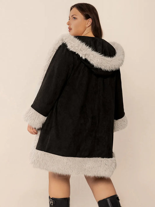 Plus Size Fuzzy Trim Open Front Long Sleeve Hooded Coat -