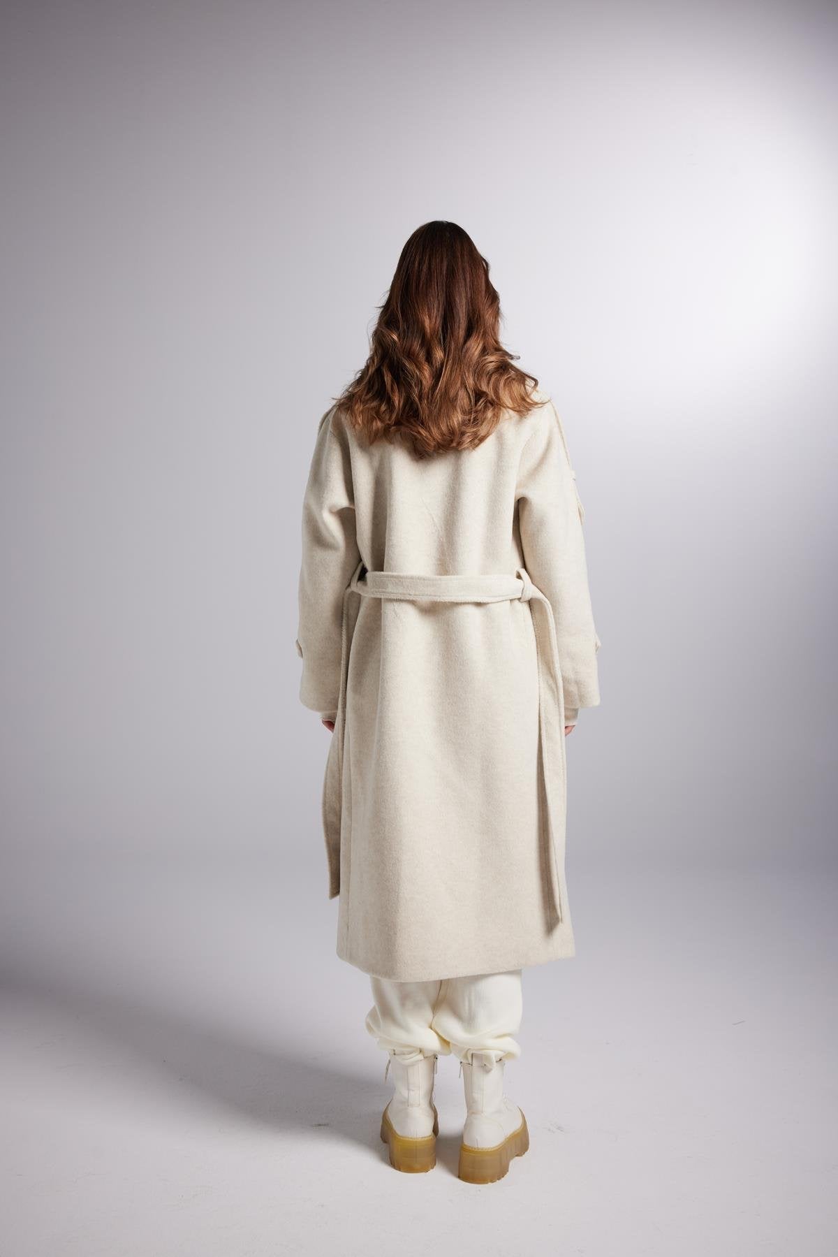 Accessorized Wool Blended Cashmere Maxi Woody Ecru Coat - Trench Coats