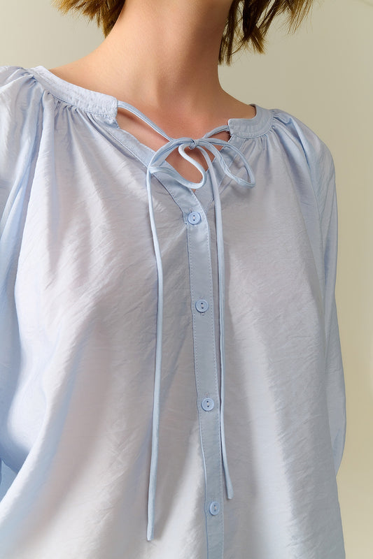 Baby Blue chiffon Top With Puffed Sleeves - Tops