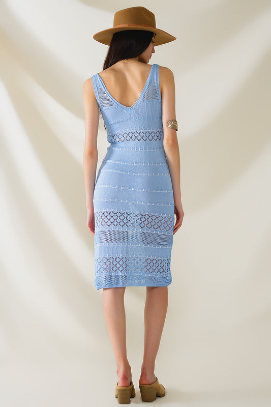 Baby Blue Midi Sleeveless Dress With V-neck and Crochet Design - Dresses