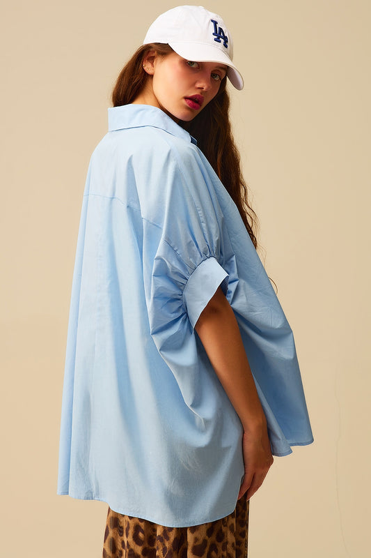 Baby Blue oversized blouse with short sleeve - Shirts
