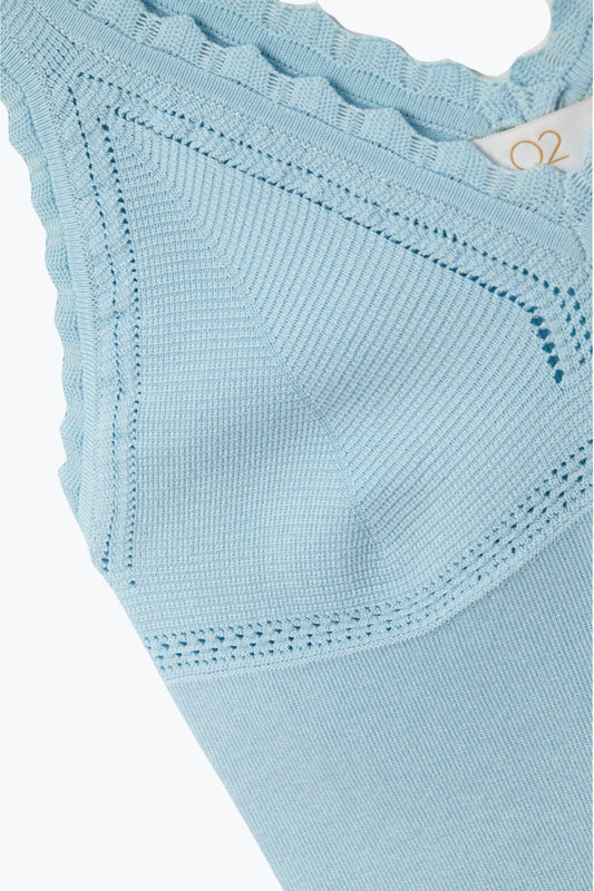 Baby Blue Ribbed Knit Top with Scalloped V-Neck - Tops