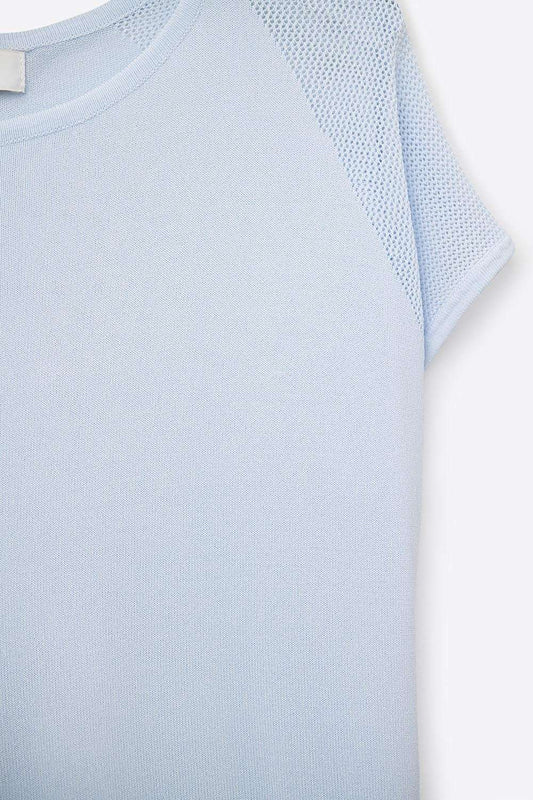 baby Blue Short Sleeve Sweater with knitted mesh on the shoulder - Jumpers