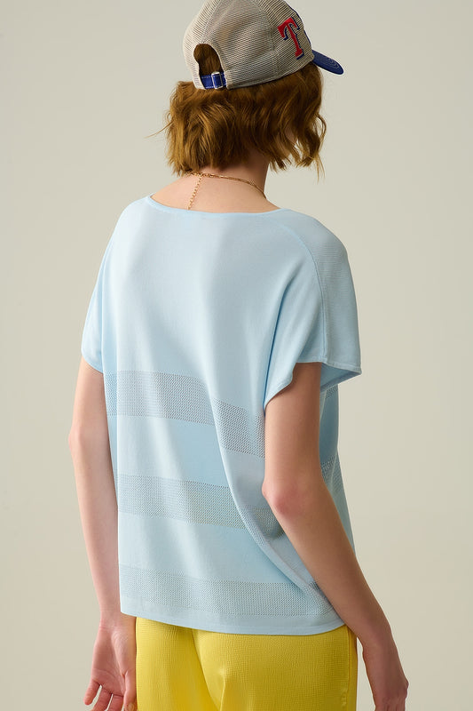 Baby Blue V-neck sweater with open knit detail - Jumpers