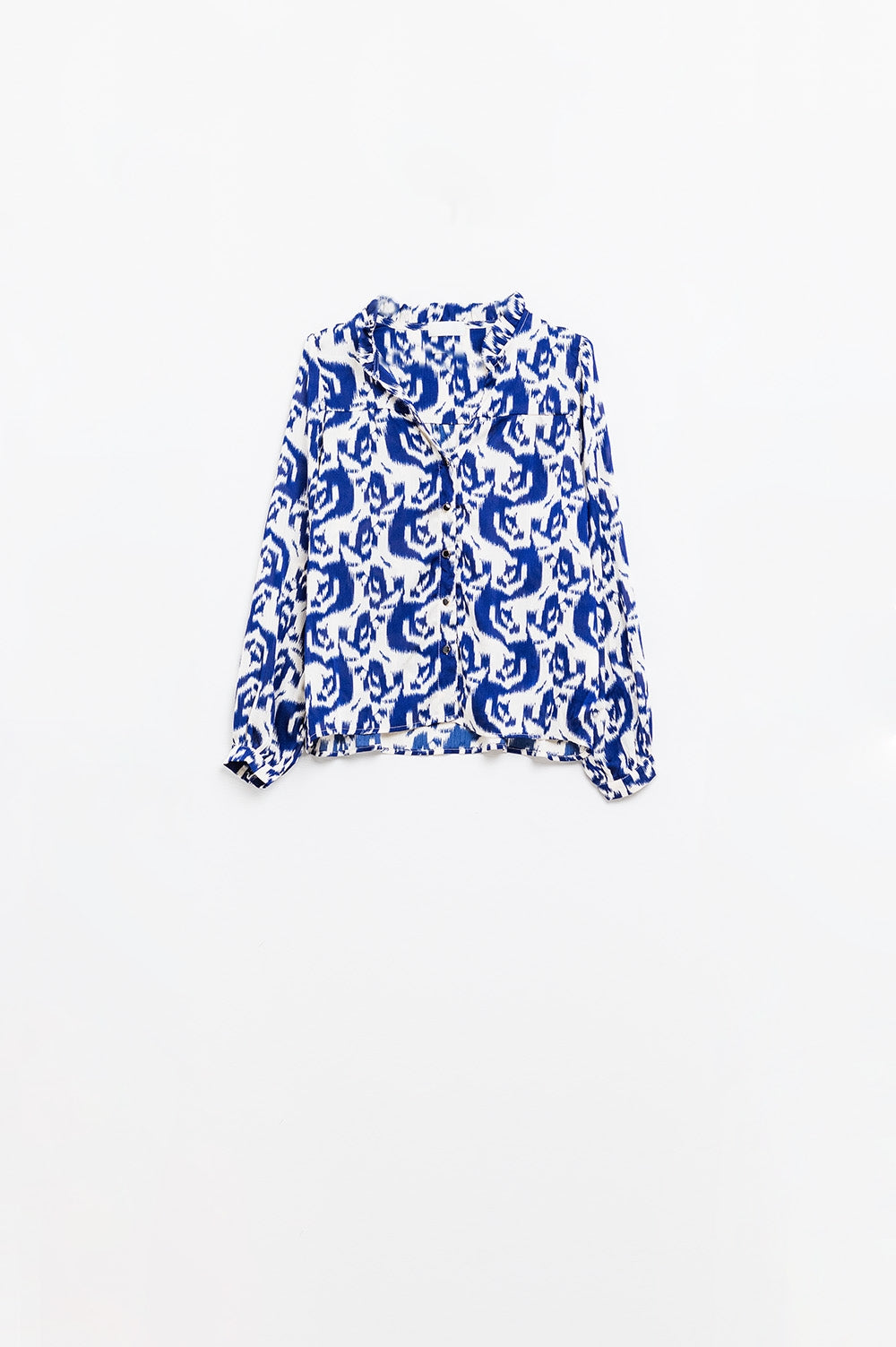 Balloon Sleeve Abstract Print Blouse in Navy and White - Blouses
