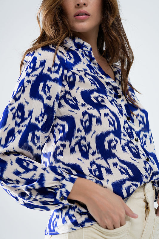 Balloon Sleeve Abstract Print Blouse in Navy and White - Blouses