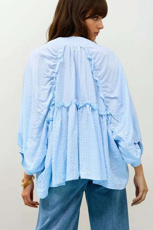 Balloon-Sleeve Striped Blouse in baby Blue - Blouses