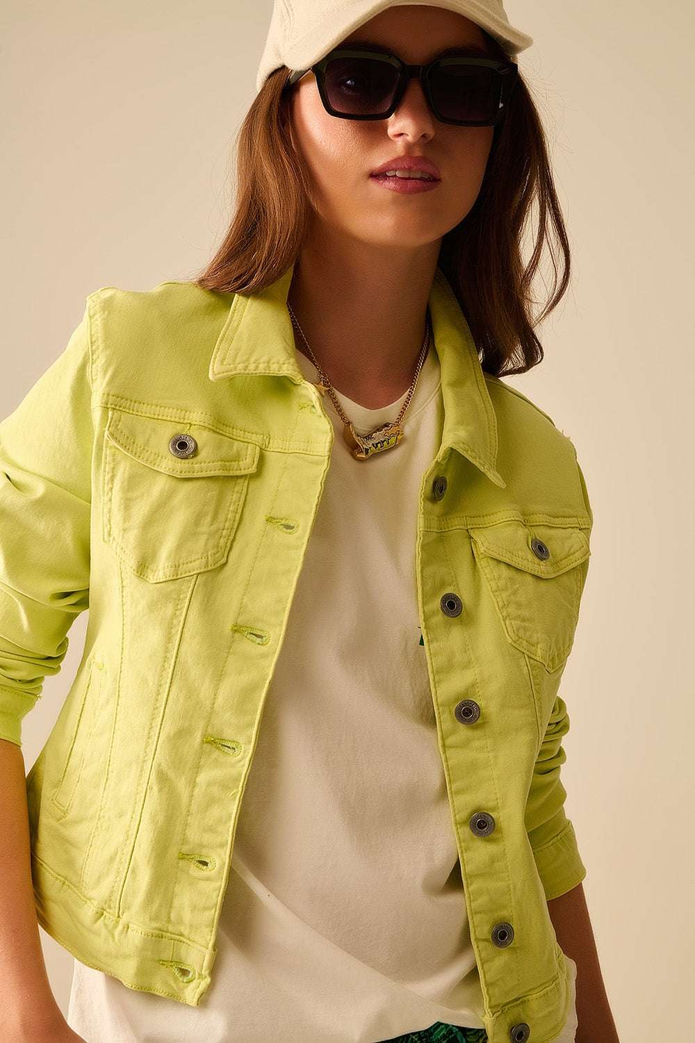 Basic Denim elastic Jacket With Pockets in lime - Jackets