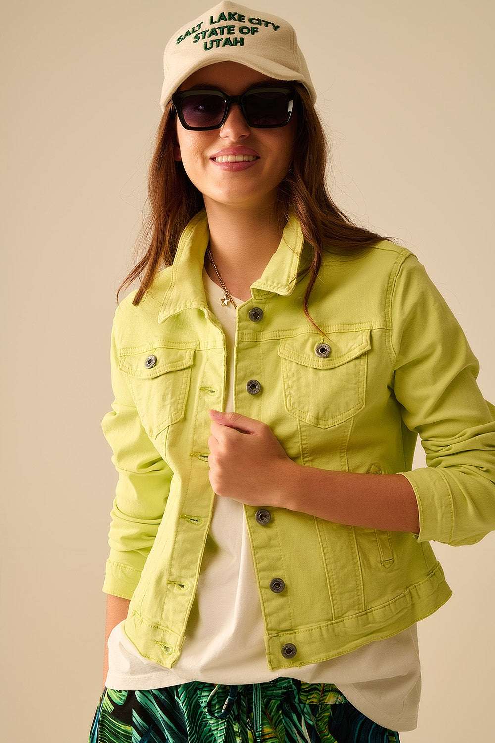 Basic Denim elastic Jacket With Pockets in lime - Jackets
