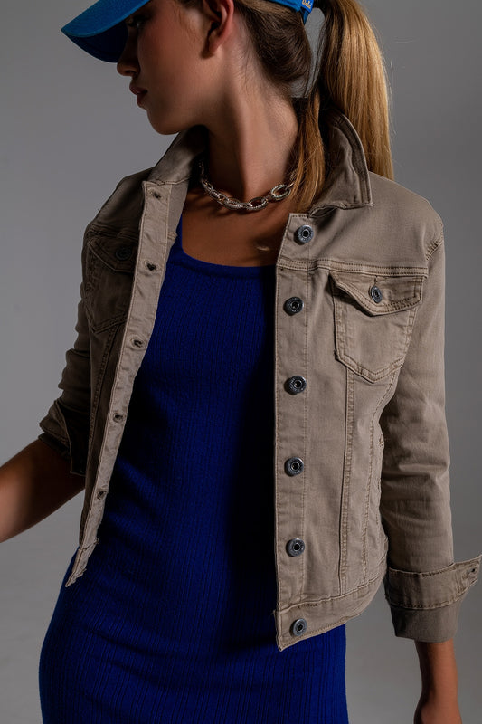 Basic Denim Jacket With Pockets in Beige - Jackets