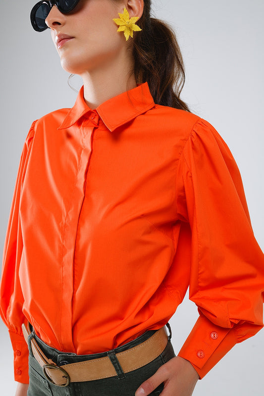 Basic poplin orange shirt with balloon long sleeves - Shirts